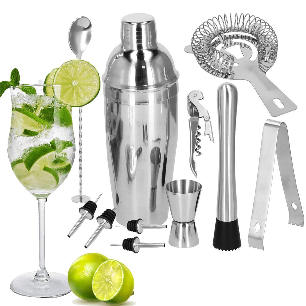 Set Cocktail Shaker Kit pentru barmani 750ml, KI25, suport bambus, 12 piese