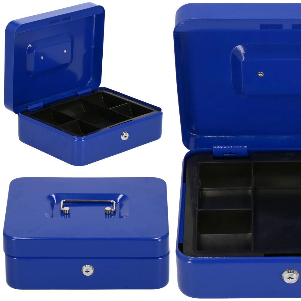 Caseta pentru bani tip cutie de valori, compartimentanta, cu cheie, metal, 25x20x9cm, albastru