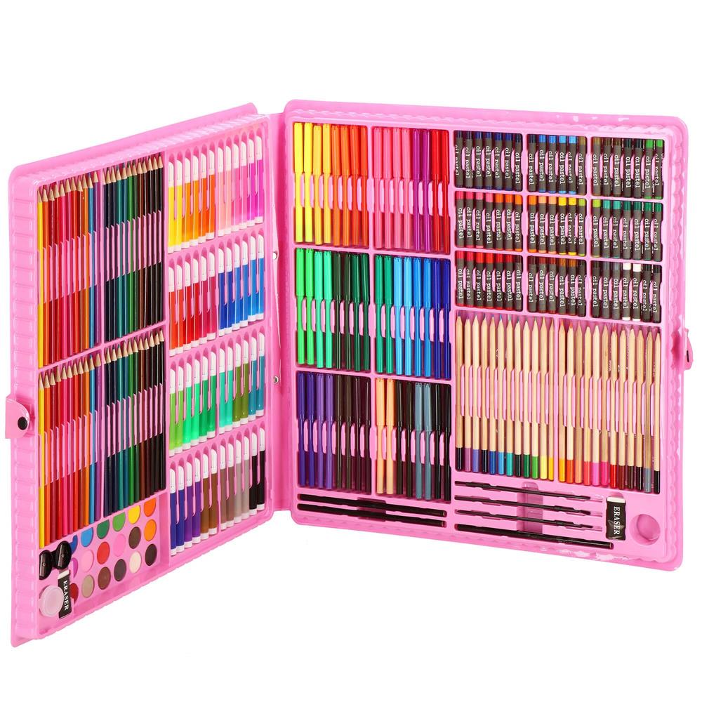 Set de pictura si desen pentru copii, 258 de piese, trusa plastic roz