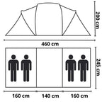Cort camping, impemeabil, 2 camere + hol, 4 locuri, 460x200x245cm, verde