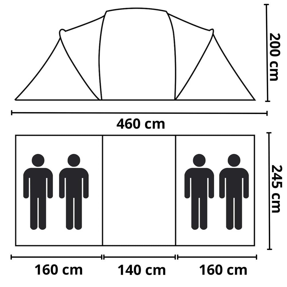 Cort camping, impemeabil, 2 camere + hol, 4 locuri, 460x200x245cm, verde
