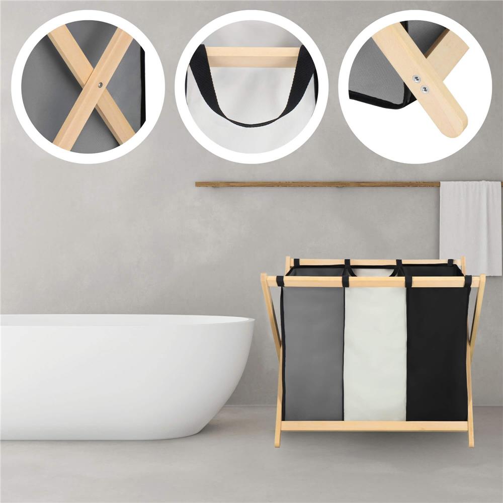 Cos de rufe cu 3 compartimente, cadru din lemn, 67x42x57 cm, 105 litri