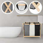 Cos de rufe cu 3 compartimente, cadru din lemn, 67x43x55 cm, 105 litri