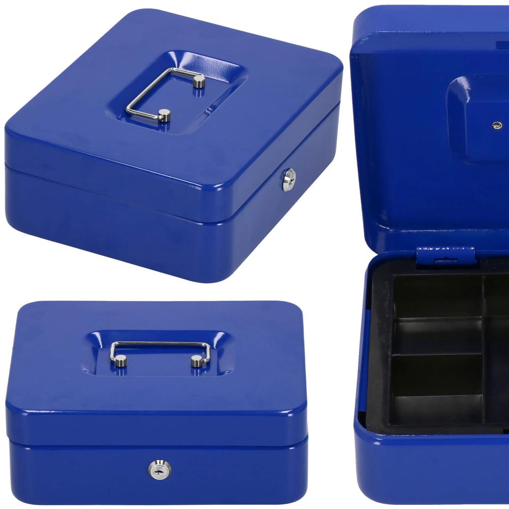 Caseta pentru bani tip cutie de valori, compartimentanta, cu cheie, metal, 25x20x9cm, albastru