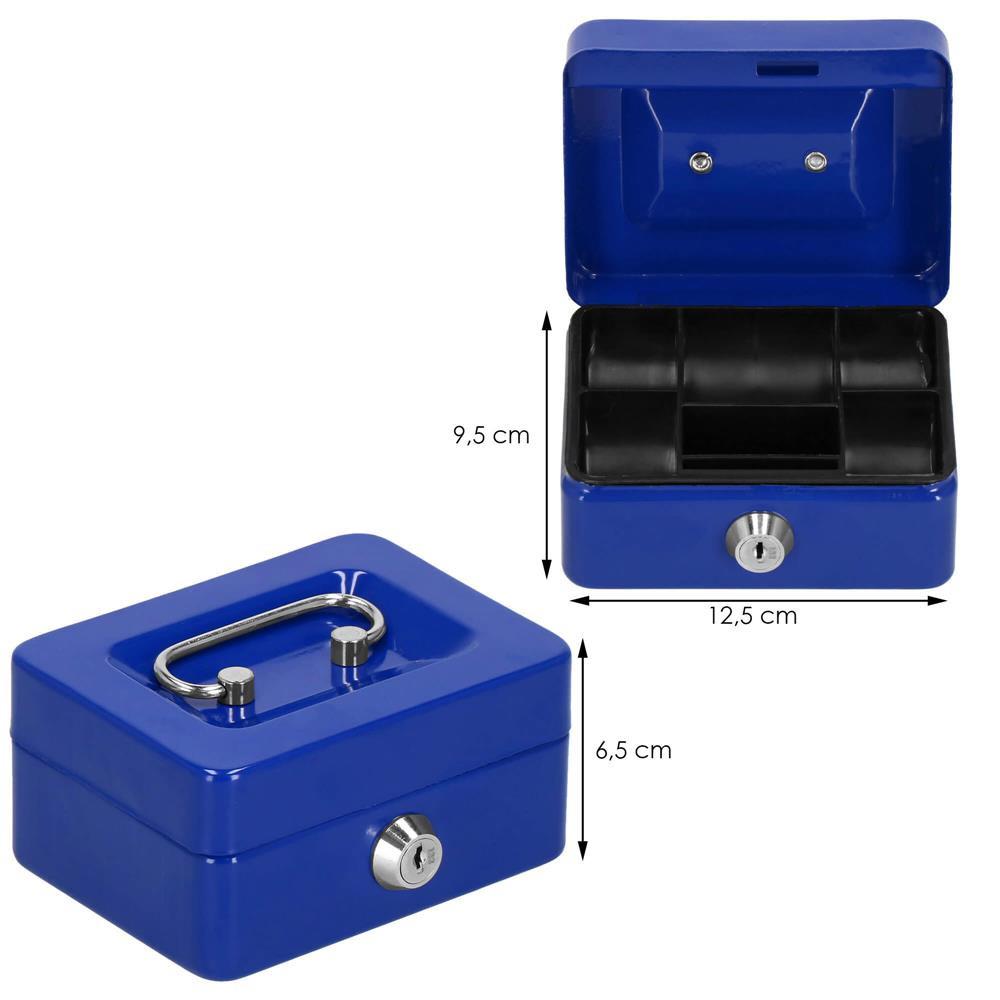 Caseta pentru bani tip cutie de valori, compartimentanta, cu cheie, metal, 12.5x9.5x6.5cm, albastru