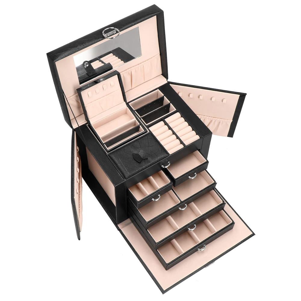 Cutie depozitare si organizare bijuterii, piele ecologica + velur, 26 x 21,5 x 19 cm, negru