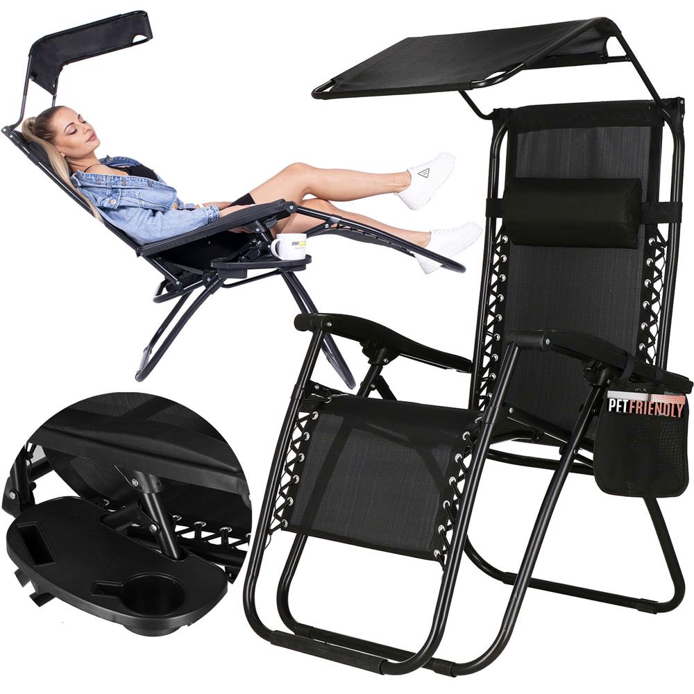 Sezlong pliabil  GC3, Relax Zero Gravity cu parasolar, 175cm, negru