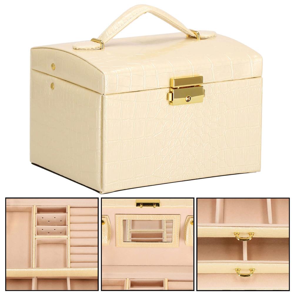 (DL) Cutie depozitare si organizare bijuterii, MDF, piele ecologica si velur, 17,5 x 14 x 12,5cm, crem