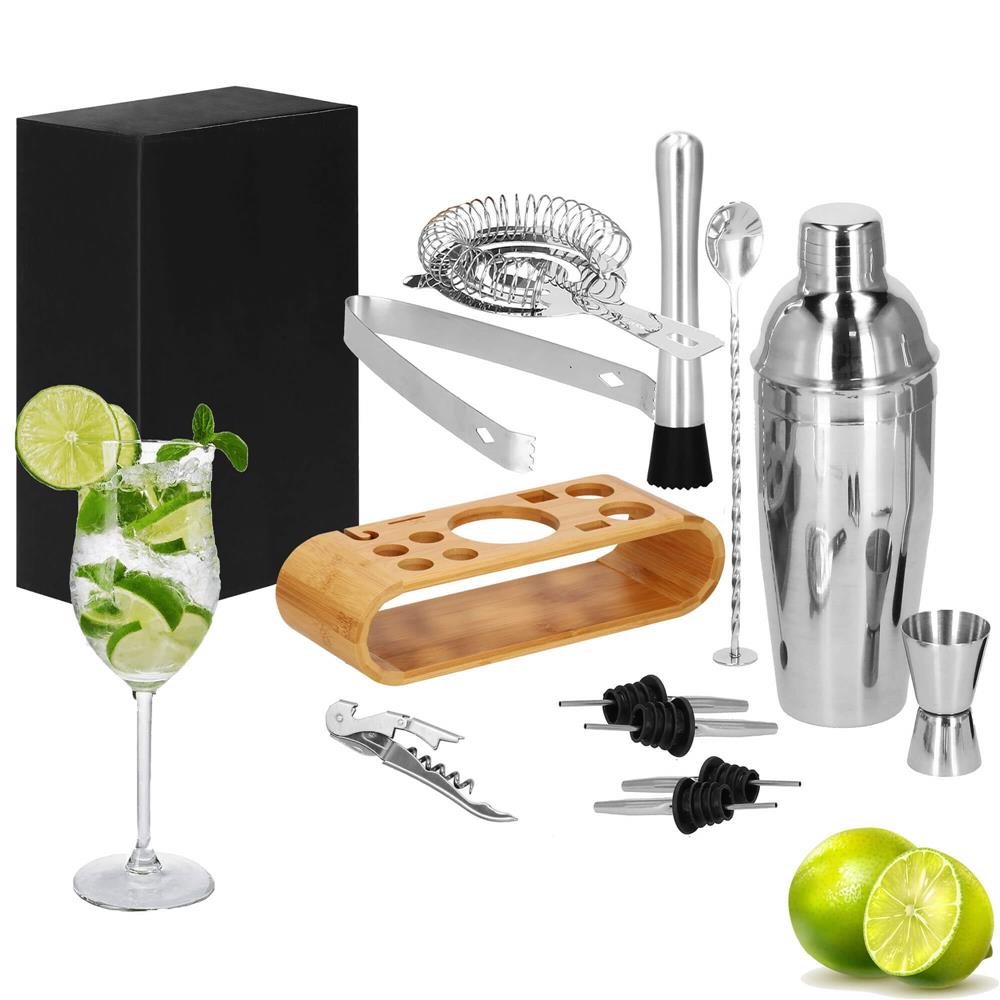Set Cocktail Shaker Kit pentru barmani 750ml, KI25, suport bambus, 12 piese