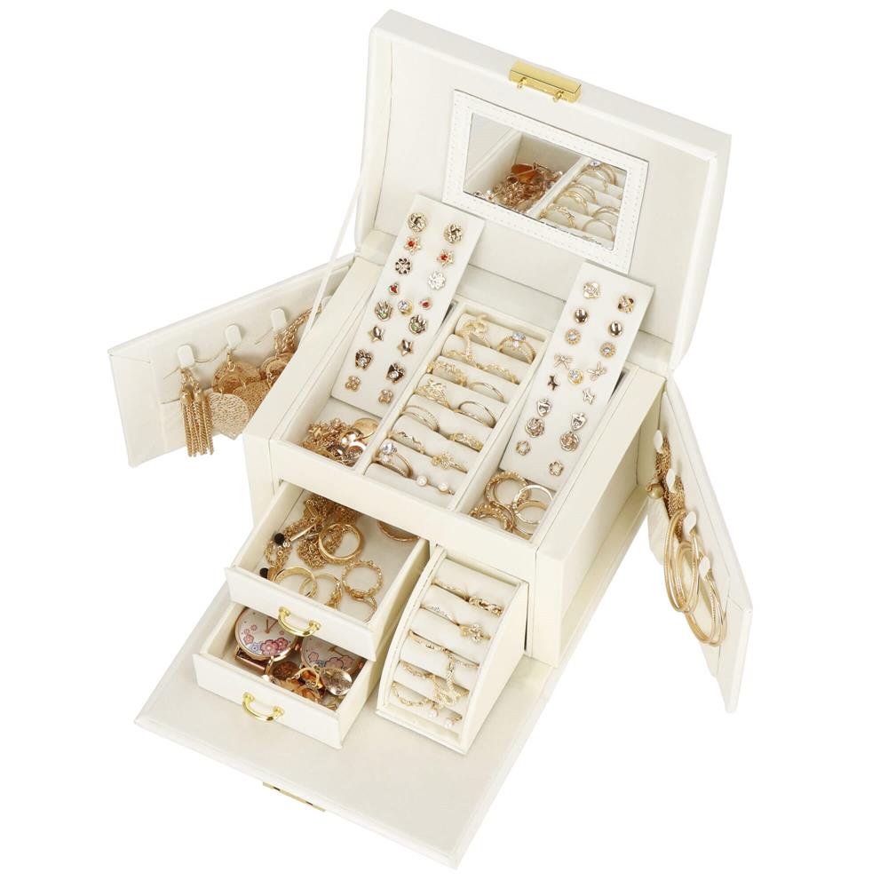 (DL) Cutie depozitare si organizare bijuterii, MDF, piele ecologica, 17,5 x 12 x 13,5 cm., crem