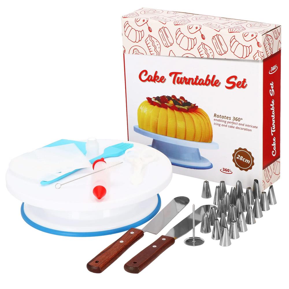 Set patiserie cu platou rotativ, 37 piese cu sabloane pentru ornarea prajiturilor