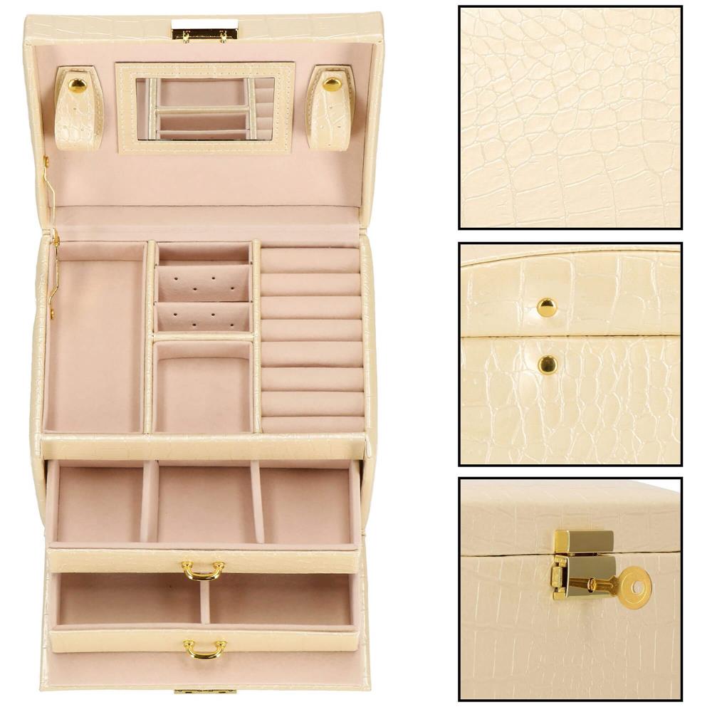(DL) Cutie depozitare si organizare bijuterii, MDF, piele ecologica si velur, 17,5 x 14 x 12,5cm, crem