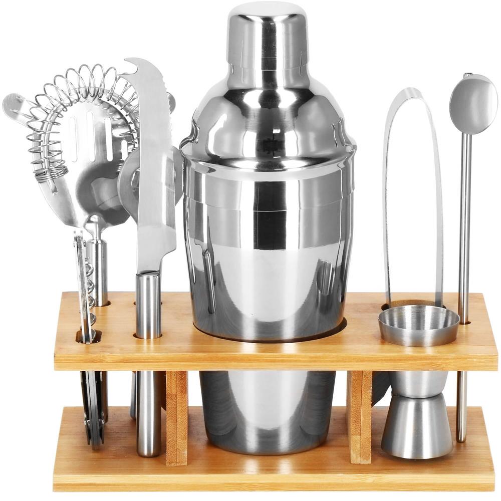 Set Cocktail Shaker Kit pentru barmani 550ml, KI22, suport bambus, 9 piese