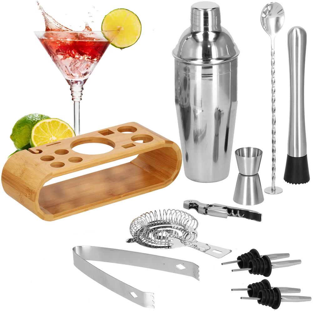 Set Cocktail Shaker Kit pentru barmani 750ml, KI25, suport bambus, 12 piese