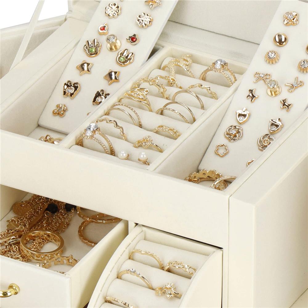 (DL) Cutie depozitare si organizare bijuterii, MDF, piele ecologica, 17,5 x 12 x 13,5 cm., crem