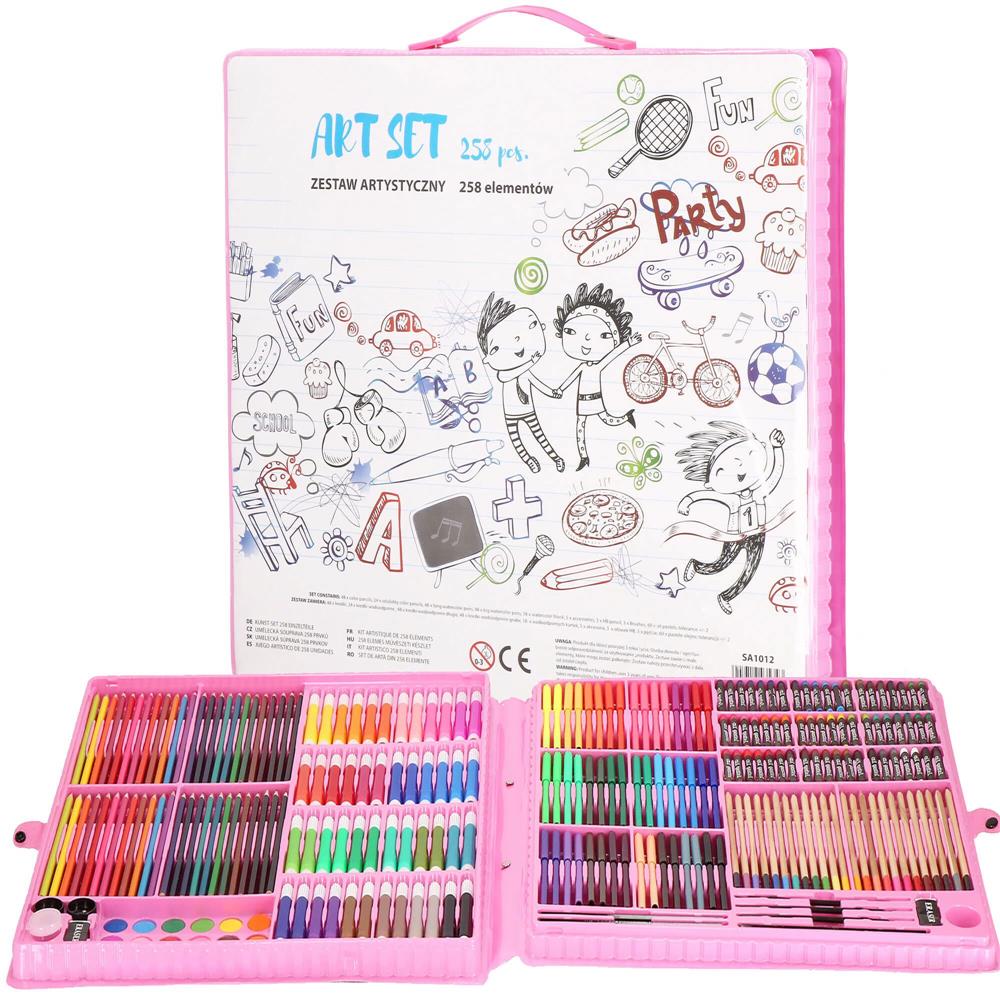 Set de pictura si desen pentru copii, 258 de piese, trusa plastic roz