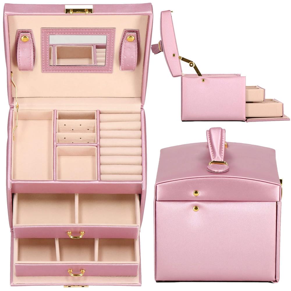 (DL) Cutie depozitare si organizare bijuterii, MDF, piele ecologica si velur, 17,5 x 14 x 12,5cm, roz