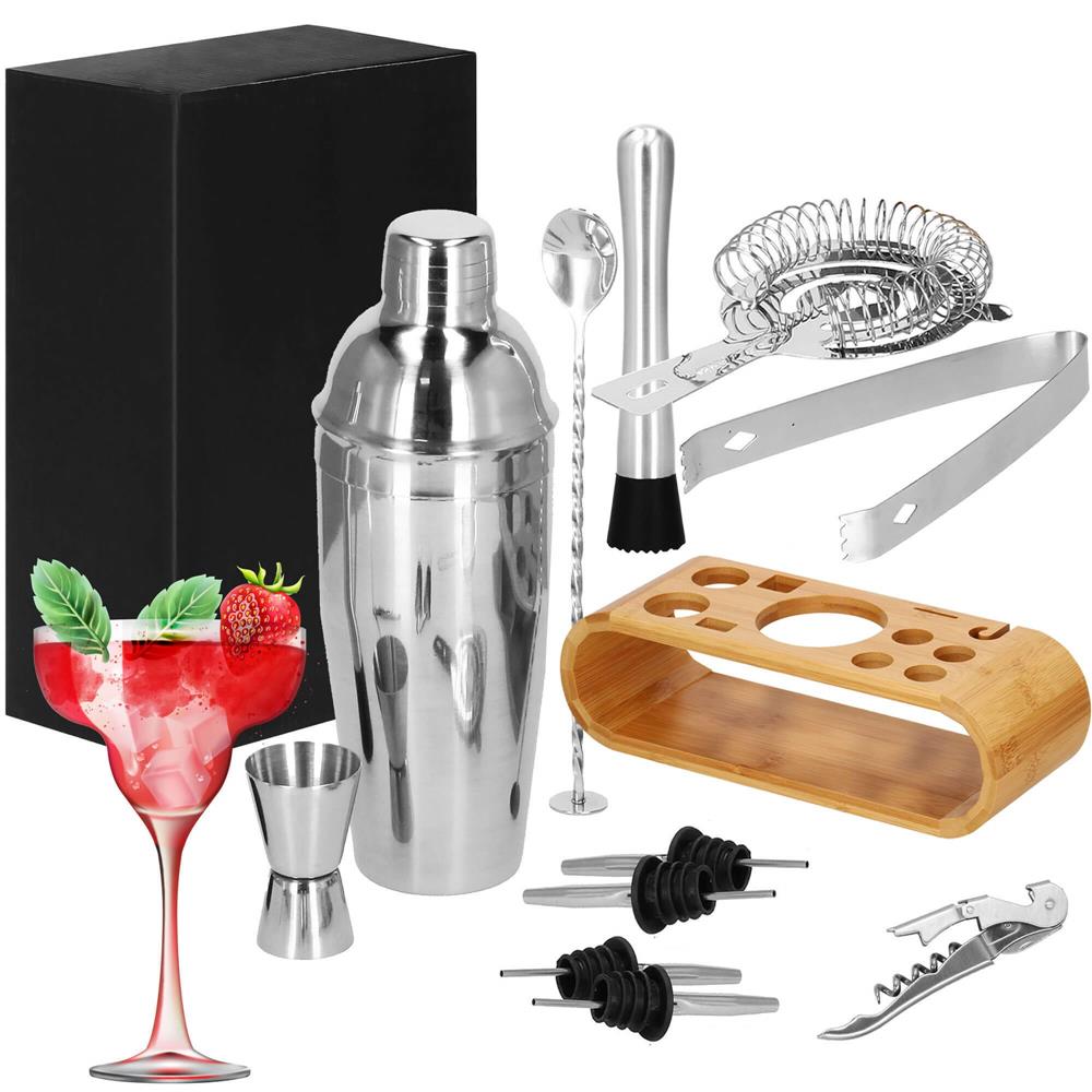 Set Cocktail Shaker Kit pentru barmani 750ml, KI25, suport bambus, 12 piese