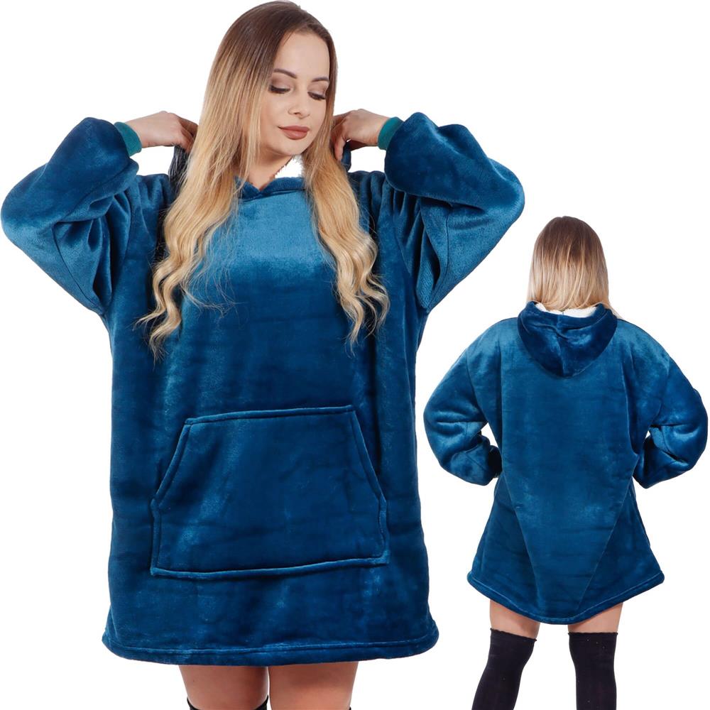 Patura tip hanorac, cu maneci, gluga si buzunare, material plus, marime universala, albastra