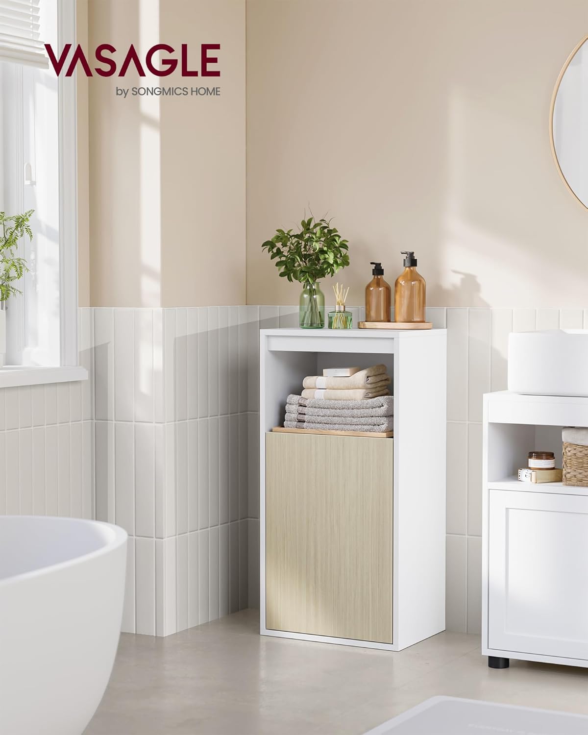 VASAGLE Dulap de baie de perete cu 3 polite, usa cu directie de deschidere reglabila, 30x40x80 cm, alb cu bej