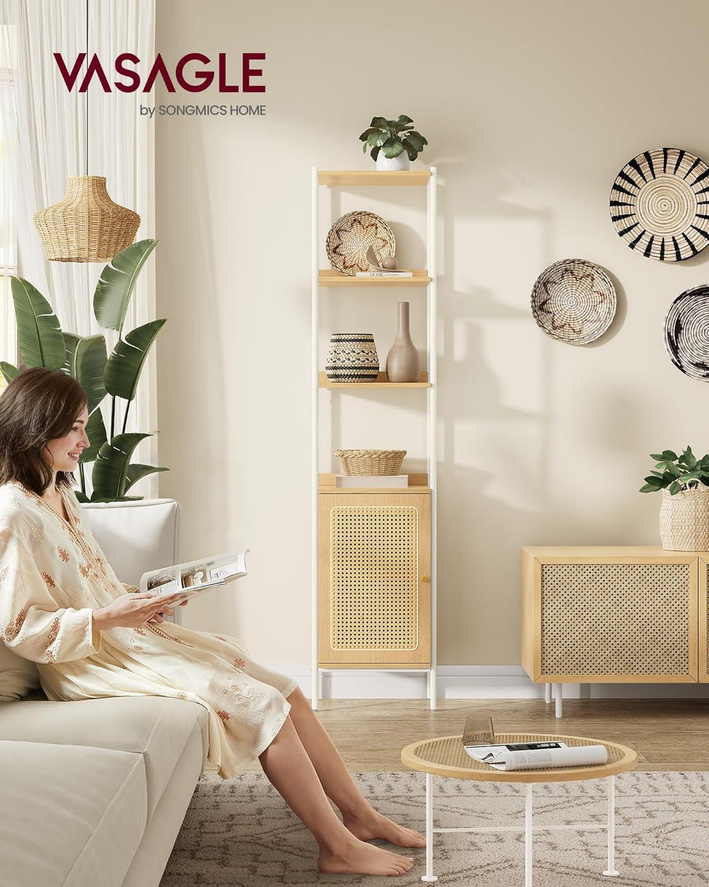 VASAGLE Biblioteca cu 6 etaje, cadru metalic, usa cu efect ratan Boho, 30x40x175 cm, alb si bej