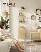 VASAGLE Biblioteca cu 6 etaje, cadru metalic, usa cu efect ratan Boho, 30x40x175 cm, alb si bej