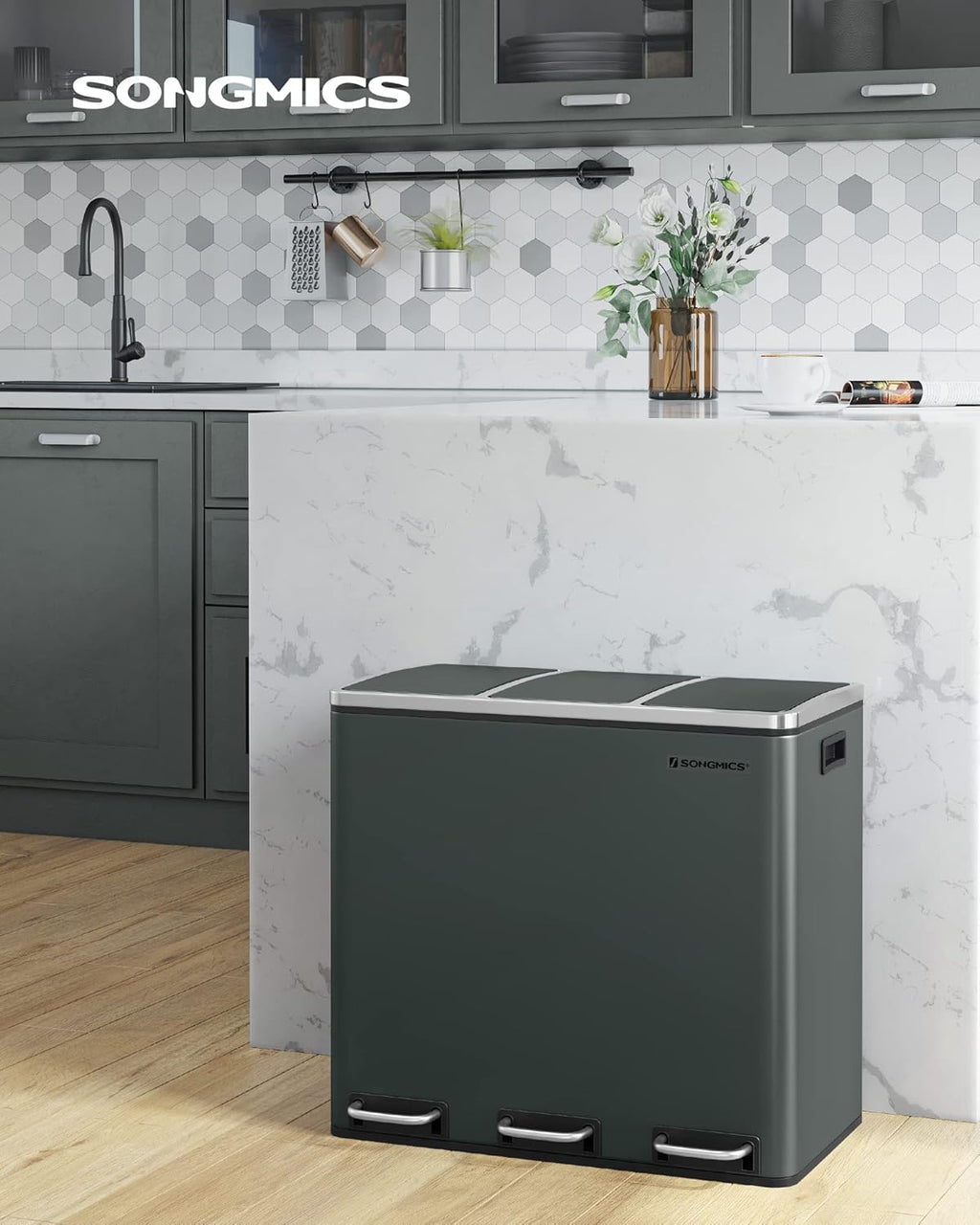 SONGMICS Cos de gunoi din inox cu 3 compartimente colectare selectiva, cu galeti interioare, 3x18litri, gri inchis