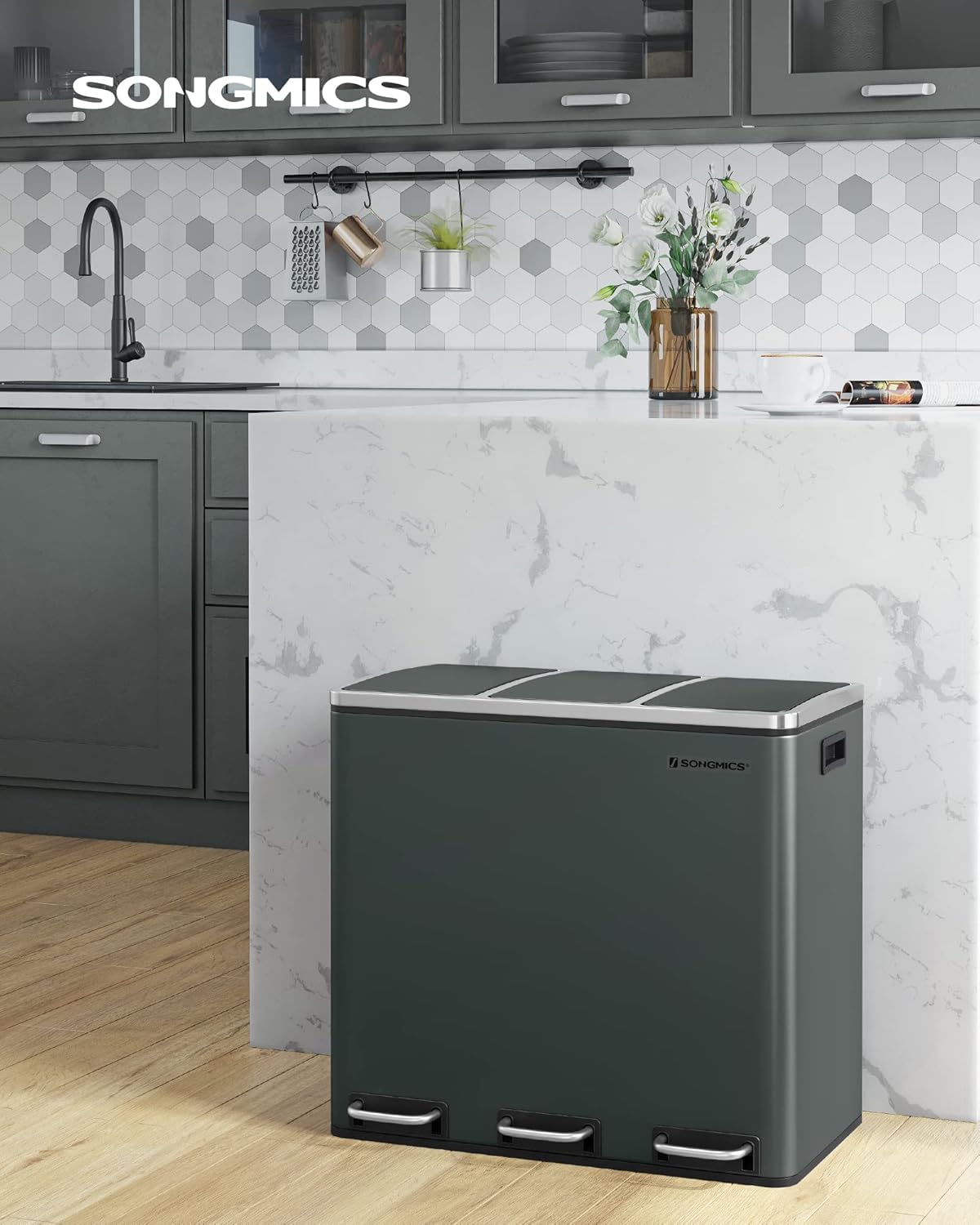 SONGMICS Cos de gunoi din inox cu 3 compartimente colectare selectiva, cu galeti interioare, 3x18litri, gri inchis