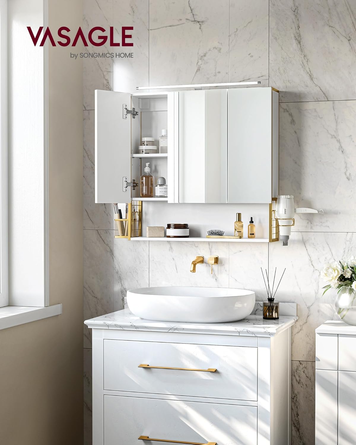 VASAGLE Dulap de baie de perete, 3 usi cu oglinda, compartiment deschis, 15x70x70 cm, alb auriu