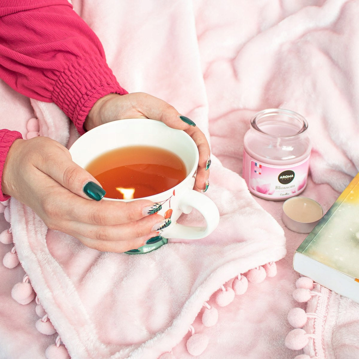 Patura pufoasa cu pampoane mici, 2 persoane, 200x220cm, roz