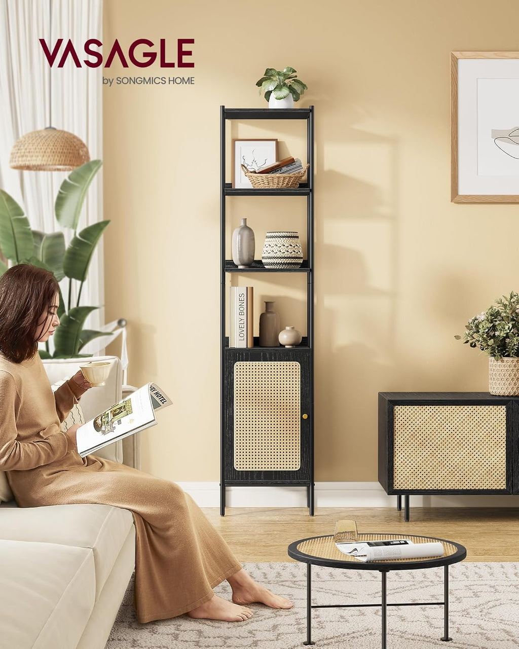 VASAGLE Biblioteca cu 6 etaje, cadru metalic, usa cu efect ratan Boho, 30x40x175 cm, negru