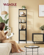 VASAGLE Biblioteca cu 6 etaje, cadru metalic, usa cu efect ratan Boho, 30x40x175 cm, negru