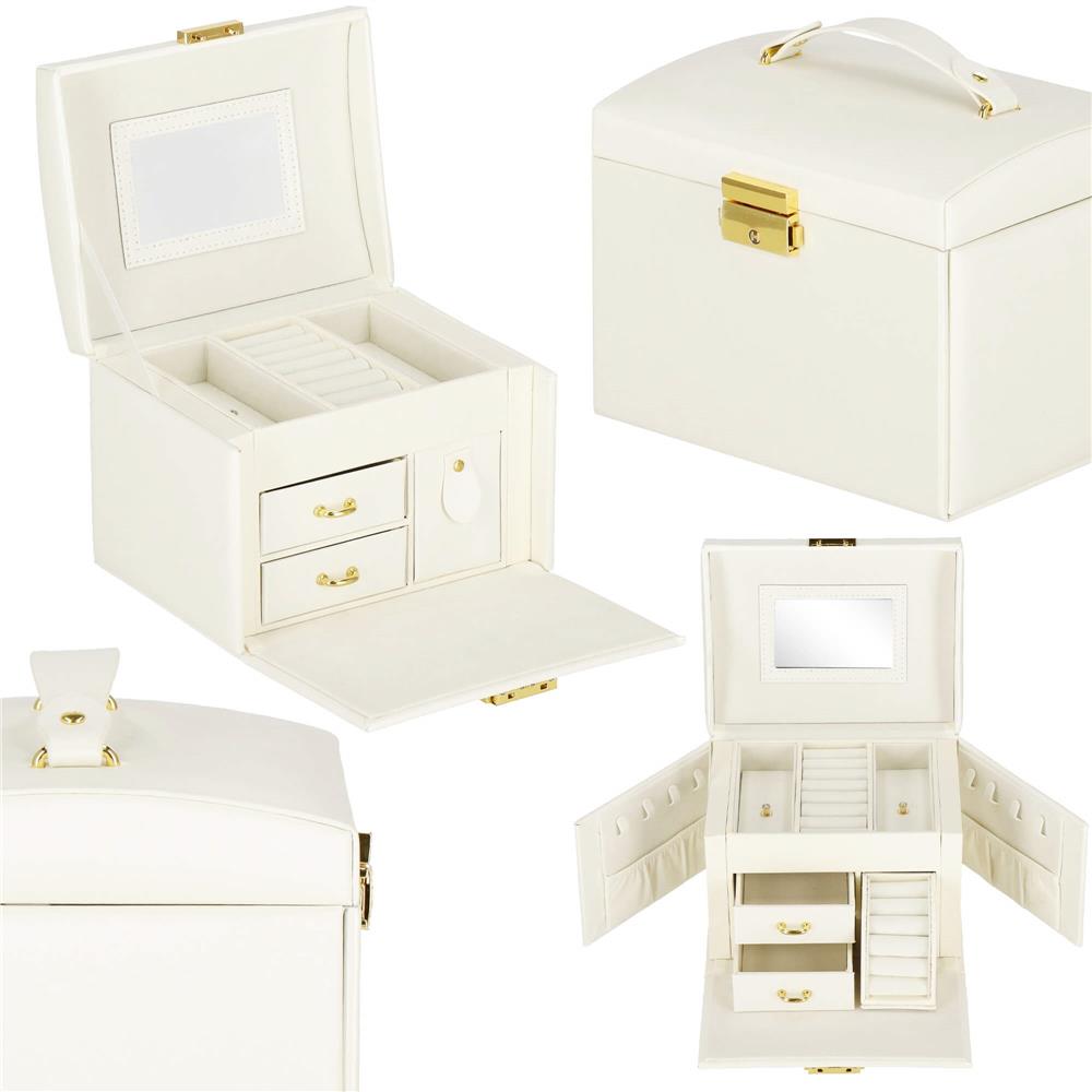 (DL) Cutie depozitare si organizare bijuterii, MDF, piele ecologica, 17,5 x 12 x 13,5 cm., crem