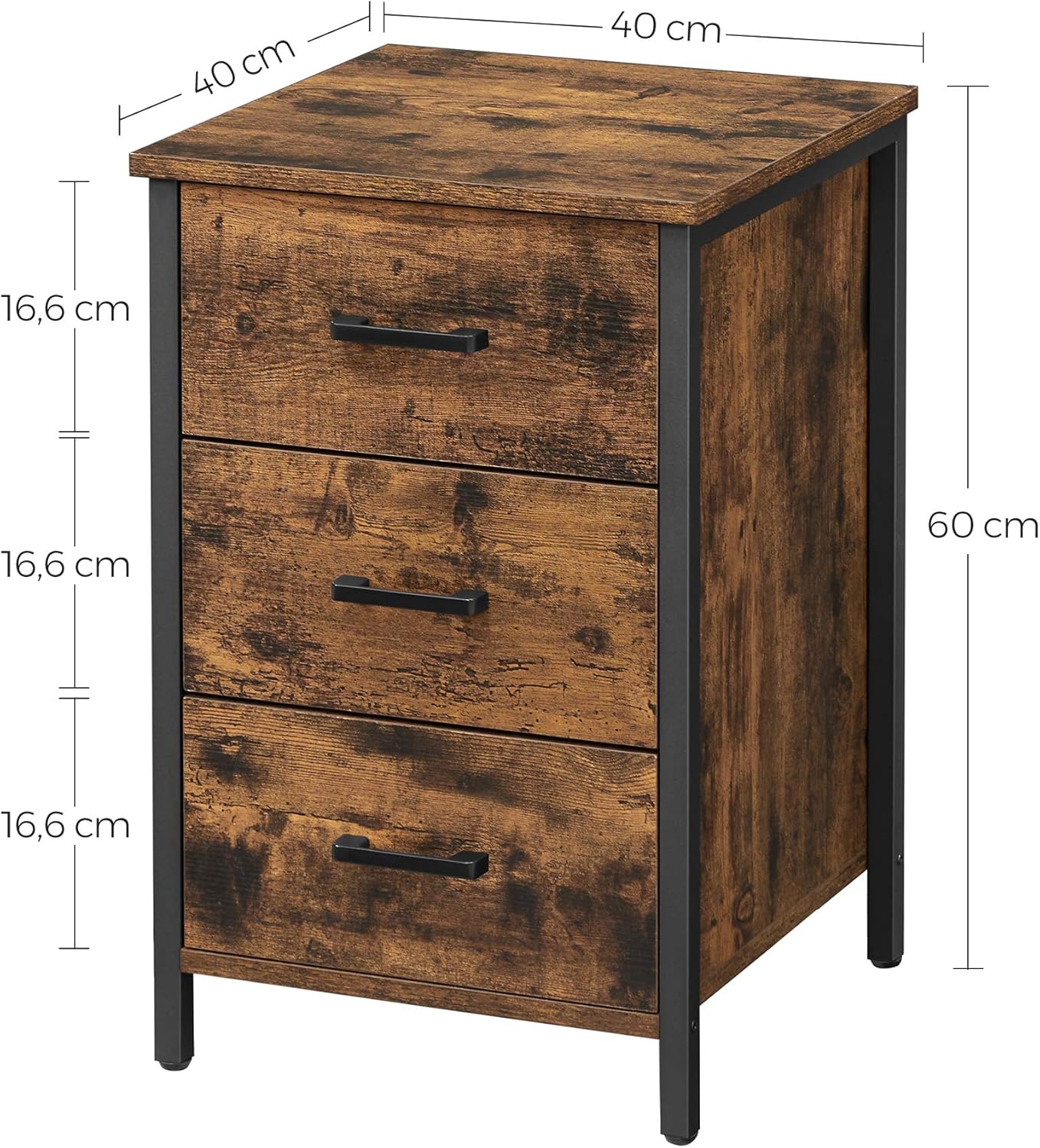 VASAGLE Noptiera cu 3 sertare pentru dormitor, design industrial, 40x40x60cm, maro rustic