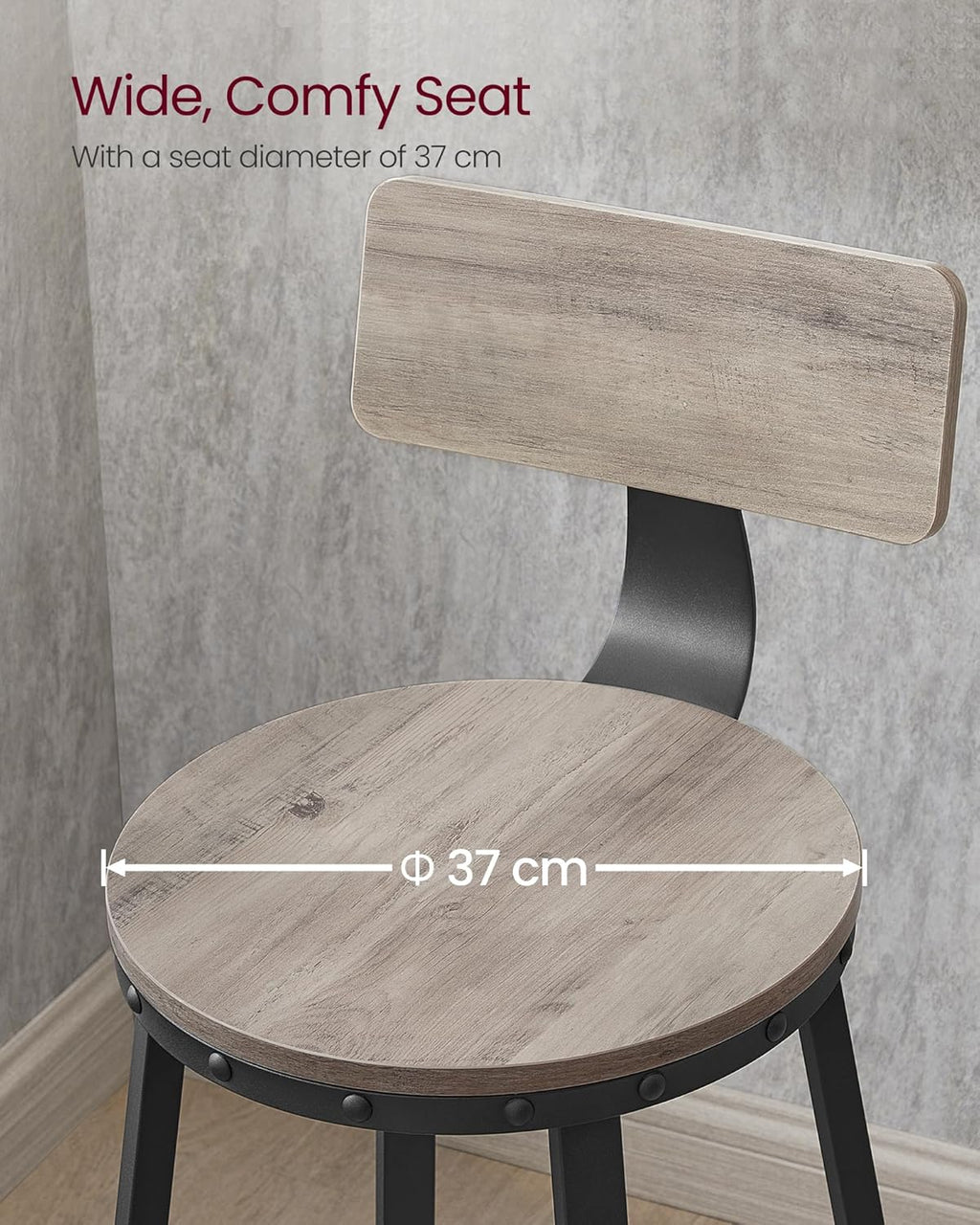 VASAGLE Set de 2 scaune de bar inalte cu spatar, cadru din otel, industrial, 54x99cm, gri stejar