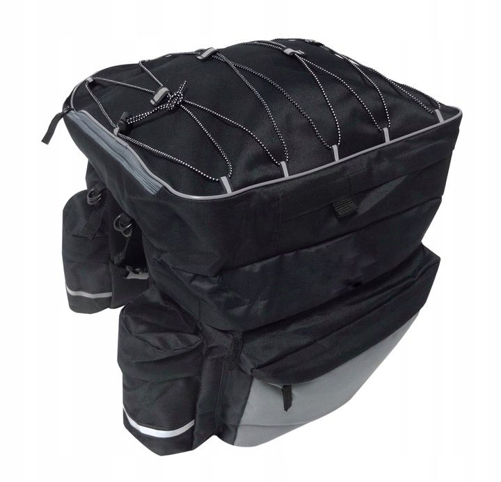 Geanta portbagaj bicicleta dubla, 8 buzunare laterale, 39x34x43cm, negru cu elemente reflectorizante gri, protectie impermeabila