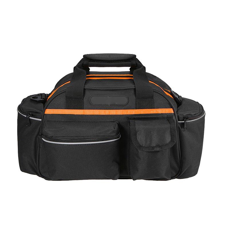 Geanta portbagaj bicicleta, 3 compartimente si 5 buzunare laterale, 45x20x22cm, negru cu elemente reflectorizante portocalii