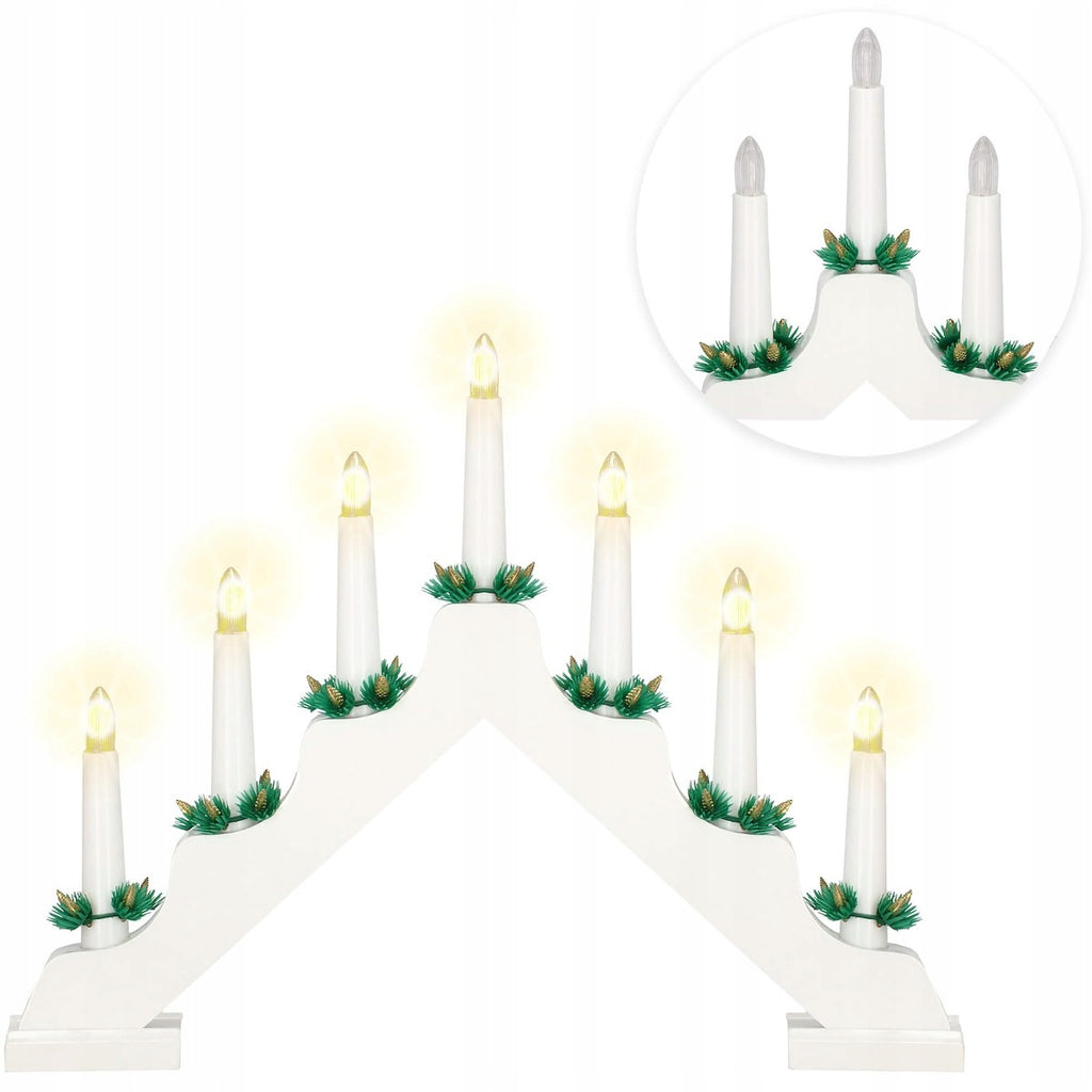 Lumanari decorative de Craciun, stand de lemn, 7 becuri tip LED, culoare alba