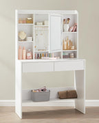 VASAGLE Masa de toaleta cu oglinda, iluminare LED reglabila, 2 sertare, 90x40x145cm, alb