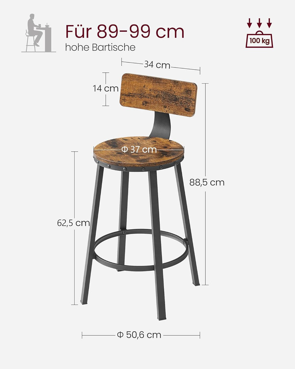 VASAGLE Set de 2 scaune de bar inalte cu spatar, cadru din otel, industrial, 51x89cm, maro rustic