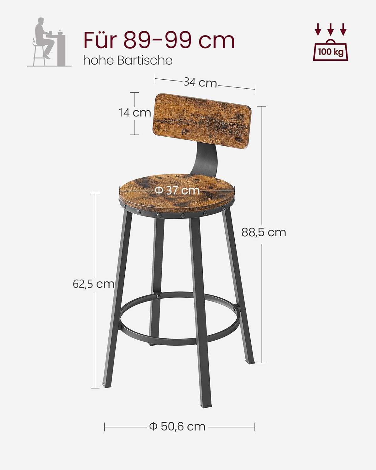 VASAGLE Set de 2 scaune de bar inalte cu spatar, cadru din otel, industrial, 51x89cm, maro rustic