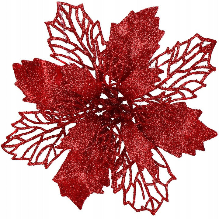 Set 10 ornamente pentru bradul de Craciun, stea Poinsettia, 16cm, visiniu