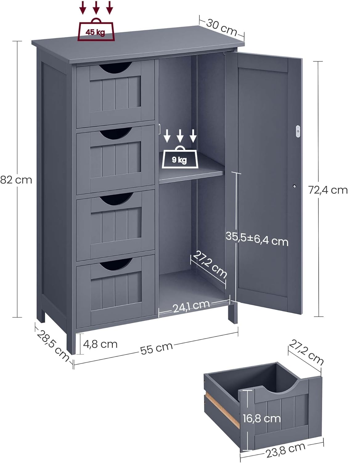 VASAGLE Dulap de baie, din MDF, cu 4 sertare, raft reglabil, 30x55x82 cm, gri