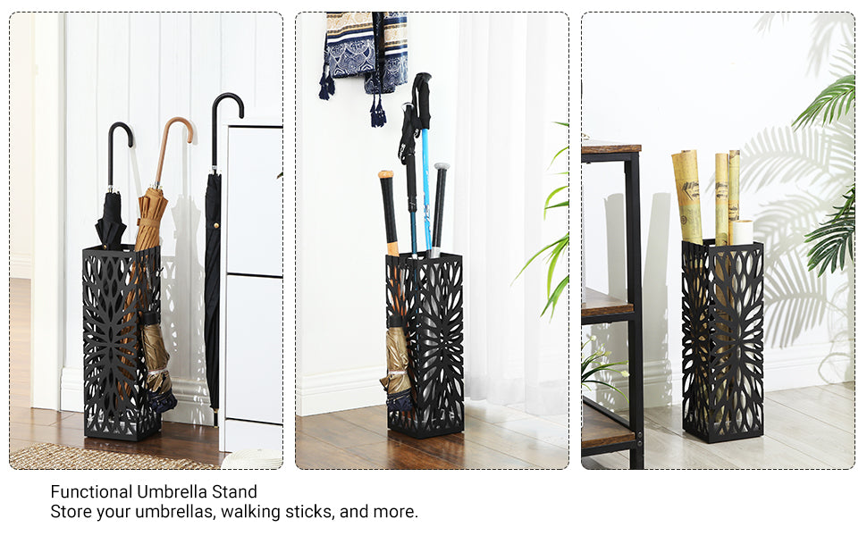 SONGMICS Suport metalic pentru umbrele, cu carlige si tava de picurare, 16x16x49cm, negru