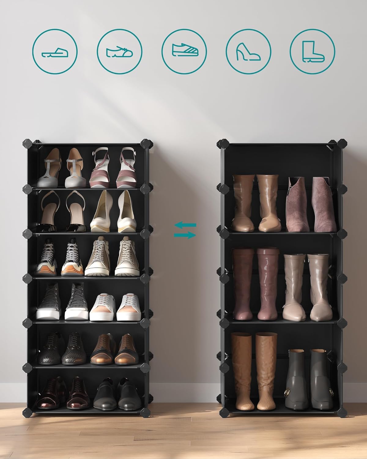 SONGMICS Dulap de depozitare pantofi modular, configurabil cu 10 compartimente, 43x31x173 cm, negru