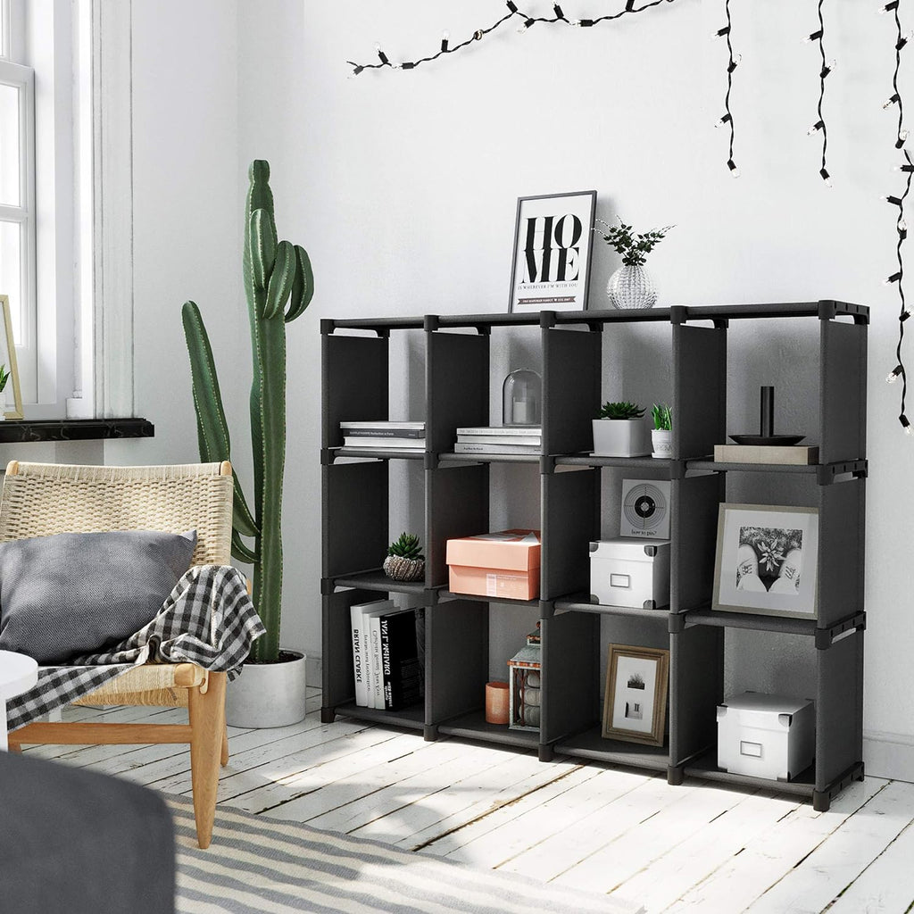 SONGMICS Raft de depozitare modular cu 12 cuburi, textil, personalizabil, 30x105x140 cm, negru