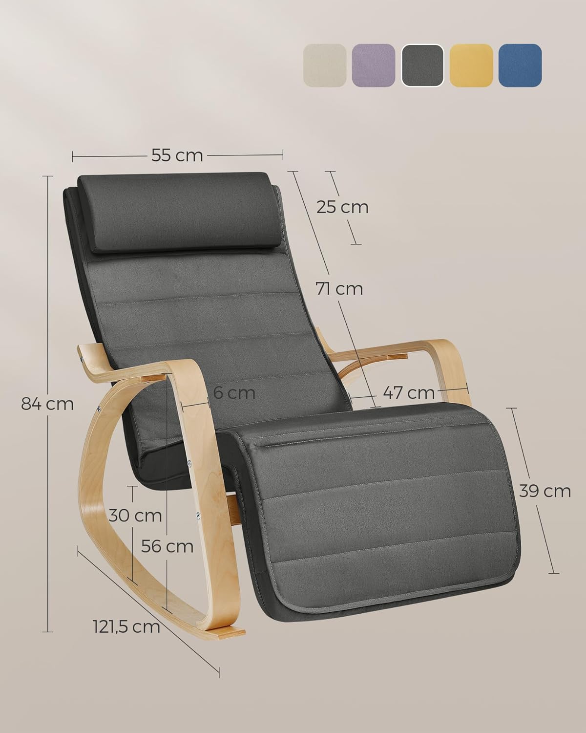 SONGMICS Scaun balansoar din lemn, suport picioare reglabil, maxim 150kg, 67x122x84 cm, gri inchis