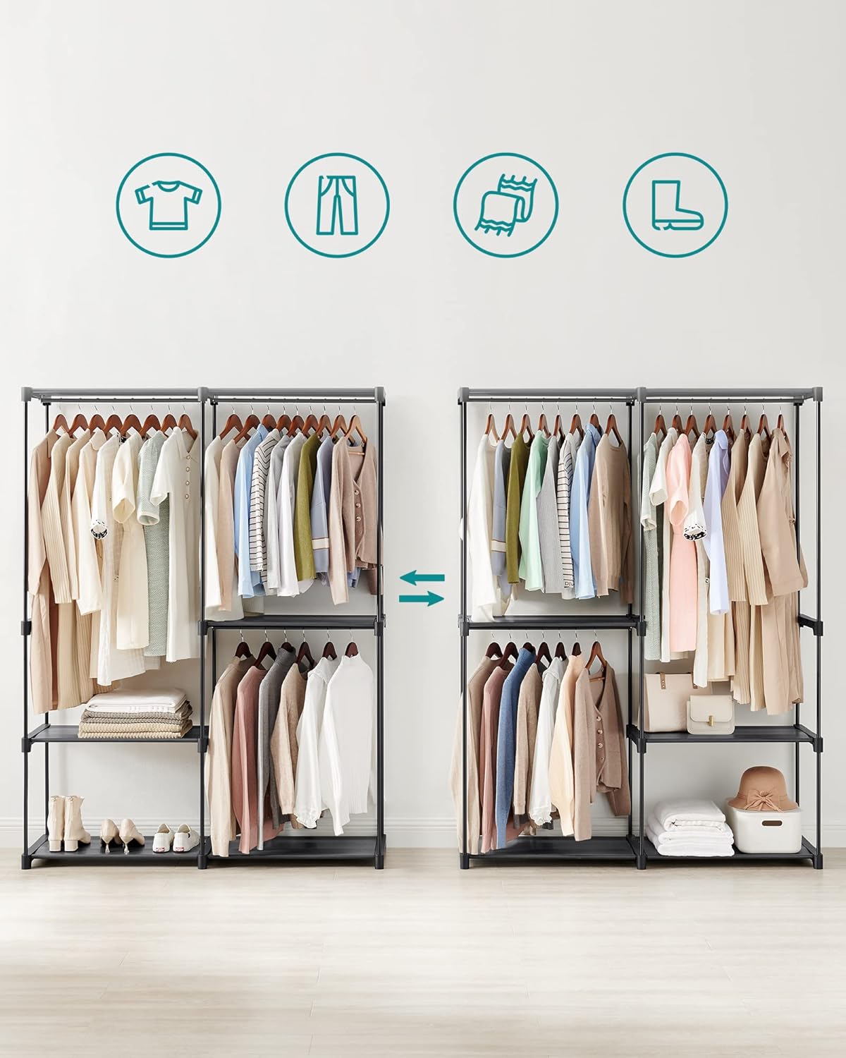 SONGMICS Dulap de haine portabil, cu 3 bare de agatat si rafturi, 138x43x182 cm, negru