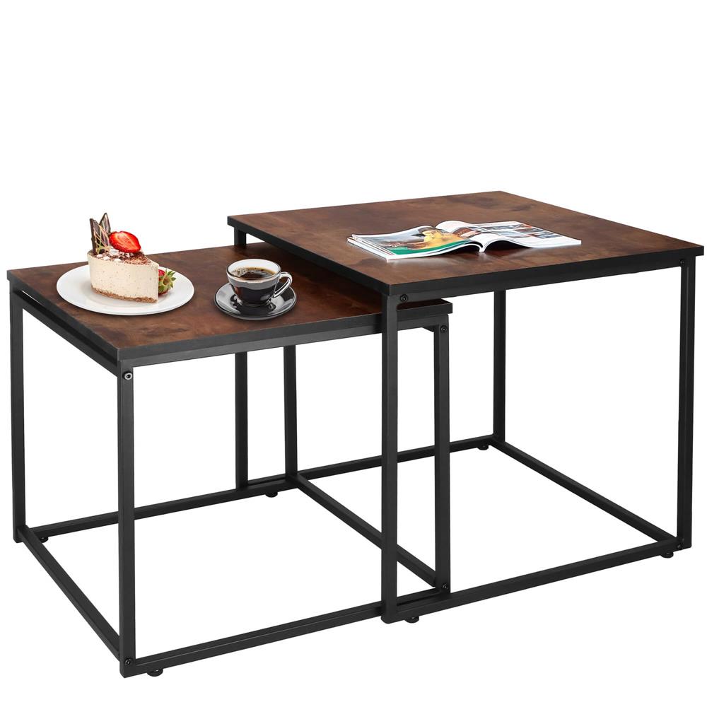 Set 2 mese pentru cafea, cadru otel, stil industrial, 50x50x52 cm si 45x45x47 cm, maro