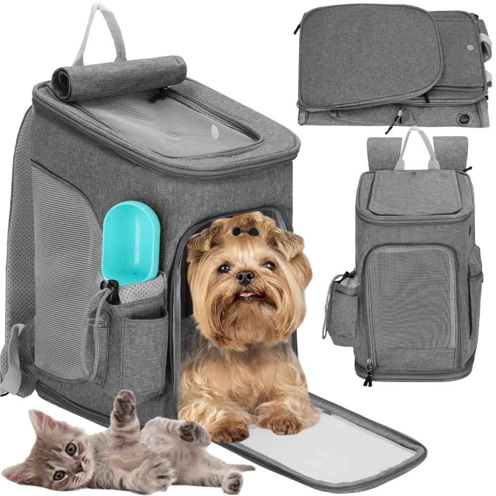 Rucsac transport animale talie mica-medie, maxim 12 kg, buzunare laterale, 39x28x27 cm, gri